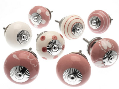 Cupboard Knobs Decorative Pink And White Ceramic Door And Drawer Handles Vintage Home Décor Set Of 8 By Mango Tree