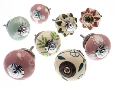 Mango Tree Cupboard Knobs Decorative Shabby Chic Pink And Cream Ceramic Door And Drawer Handles Vintage Home Décor Set Of 8