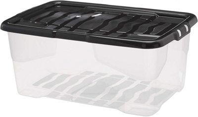 B&Q -  4 X 42 Litres Curve Plastic Stackable Storage Box & Lid Clear/black Lid
