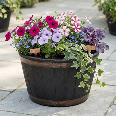 Strata Small Round Barrel Planter Oakwood Effect Plastic Half Barrel 37Cm