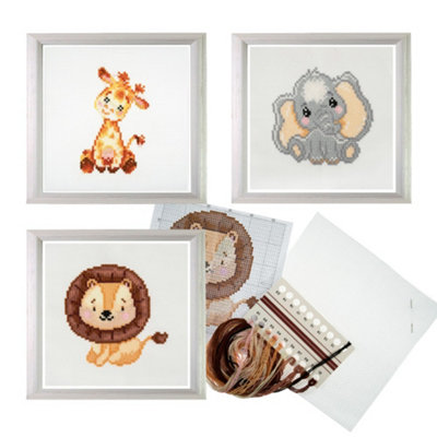 Trimits 3Pk Cross Stitch BundleGiraffeElephantLion13X13Cm Beginner KitsComplete With Threads & Instructions from B&Q