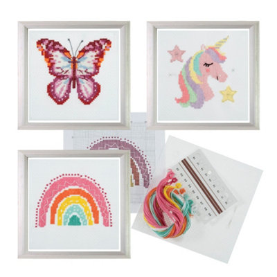 Trimits 3Pk Cross Stitch BundleRainbowUnicornButterfly13X13Cm Beginner KitsComplete With Threads & Instructions from B&Q