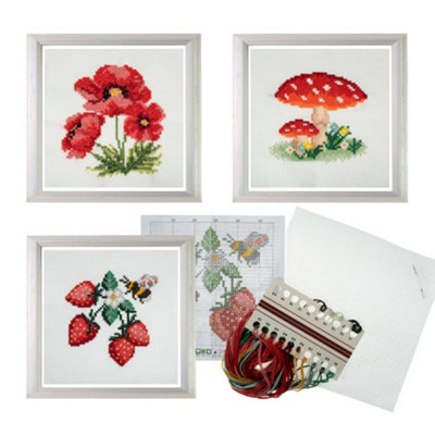 Trimits 3Pk Cross Stitch BundleToadstoolStrawberriesPoppies13X13Cm Beginner KitsComplete With Threads & Instructions from B&Q