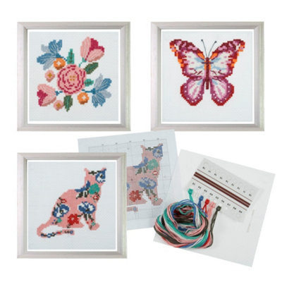 Trimits 3Pk Cross Stitch BundleButterflyCatFlowers13X13Cm Beginner KitsComplete With Threads & Instructions from B&Q