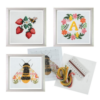 Trimits 3Pk Cross Stitch BundleStawberriesBeeFloral Reef13X13Cm Beginner KitsComplete With Threads & Instructions from B&Q