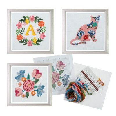 Trimits 3Pk Cross Stitch BundleFloral ReefCatFlowers13X13Cm Beginner KitsComplete With Threads & Instructions from B&Q