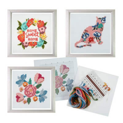 Trimits 3Pk Cross Stitch BundleSweet HomeCatFlowers13X13Cm Beginner KitsComplete With Threads & Instructions from B&Q