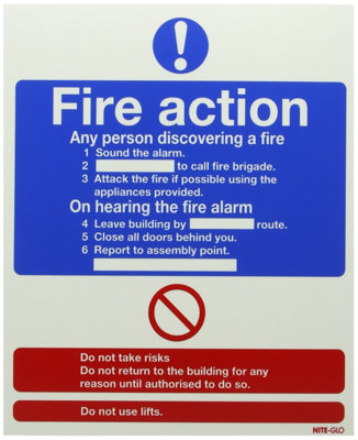 Soundlab Signslab Fr03527M Safety Sign "niteglo Fire Action"Pvc300 mm X 250 mm from B&Q