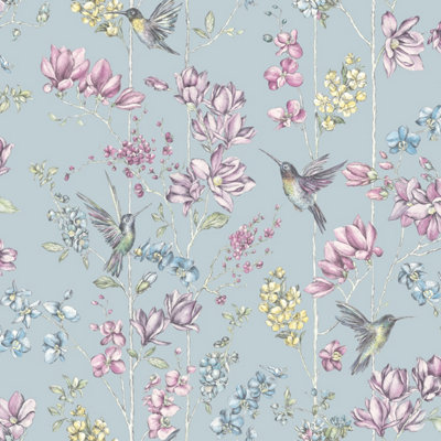 Holden Décor Holden Decor Glitter Humming Bird Teal/multi Floral Bird Smooth Wallpaper from B&Q