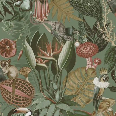 Holden Décor Holden Decor Wonderland Sage Tropical Exotic Animals Wallpaper 13401 from B&Q