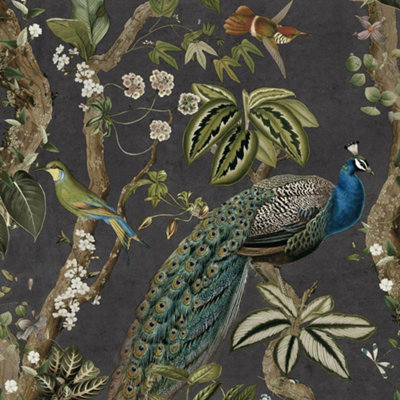 Holden Décor Holden Decor Peacock Woods Charcoal Wallpaper Floral Naturistic Feature Wall from B&Q