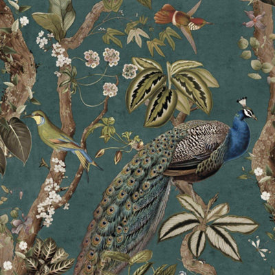 Holden Décor Holden Decor Peacock Woods Aqua Teal Wallpaper Floral Naturistic Feature Wall from B&Q