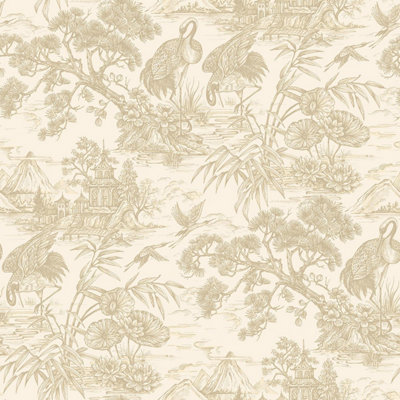 Holden Décor Holden Decor Crane Lagoon Cream Gold Wallpaper Floral Metallic Feature Wall from B&Q