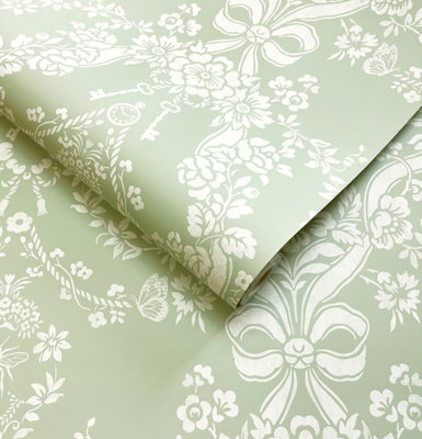 Holden Décor White / Sage Bow Damask Quality Wallpaper Holden 14170 from B&Q