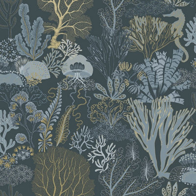 B&Q -  Underwater World Wallpaper Navy Blue / Gold Holden 14341