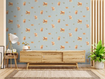 B&Q -  Highland Cows Blue Wallpaper By Holden 14381