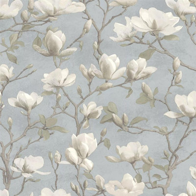 Holden Décor Holden Opus Petalina Magnolia Flowers Floral Bloom Blue Wallpaper from B&Q