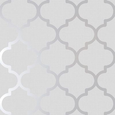 B&Q -  Metallic Trellis Wallpaper Silver Grey Linen Material Effect Print Feature Wall