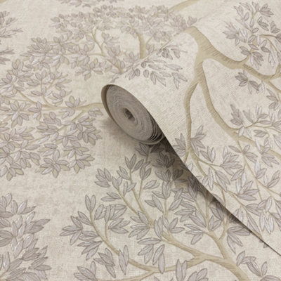 B&Q -  Ravello Beige Tree Metallic Effect Contemporary Embossed Wallpaper