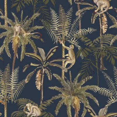 B&Q -  Amazonia Monkey Trees Wallpaper Navy (50280-Bur)