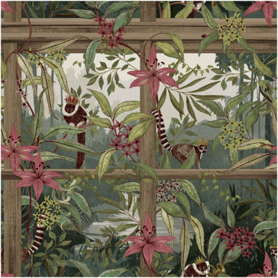Holden Décor Tropical Lemur Wood Effect Wallpaper Botanical Trellis Green Pink Feature Wall from B&Q