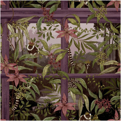 Holden Décor Tropical Lemur Wallpaper Plum Botanical Jungle Floral Feature Wall from B&Q