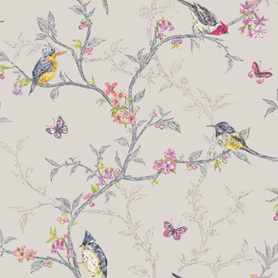 Holden Décor Holden Decor Phoebe Birds White Dove Grey Wallpaper 98081 from B&Q