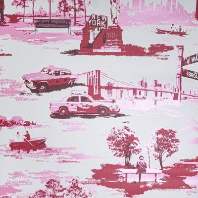 B&Q -  Red Pink Metallic Wallpaper New York Statue Of Liberty Landmarks Taxi Feature