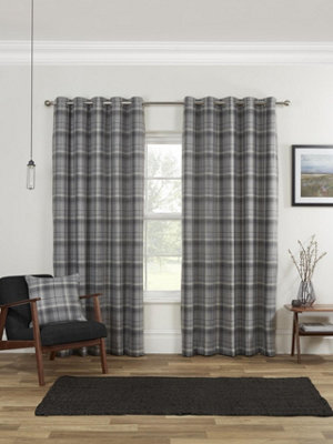 Sundour Carnoustie Grey Checked Eyelet Blackout Curtains from B&Q
