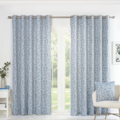 B&Q -  Sade Fully Lined Ready Made Floral Eyelet Curtains Blue 46X54"