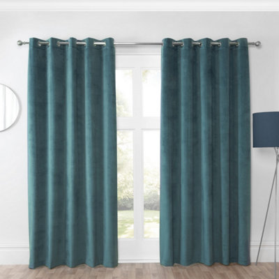 Sundour Casa Blackout Ready Made Solid Colour Eyelet Velvet Curtains Blue 90X90" from B&Q