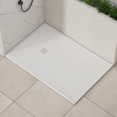 Royal Bathrooms Luxor Rectangular White Slate Effect Stone Shower Tray 1600 X 900 X 30mm With White Grate from B&Q
