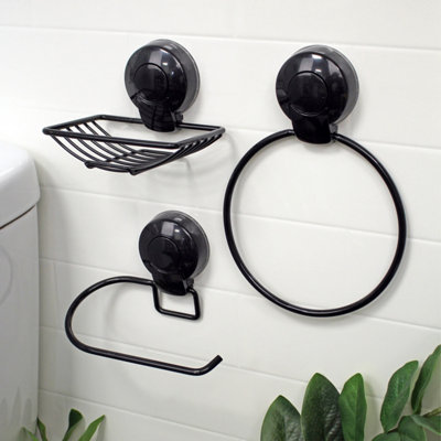 Showerdrape Suctionloc Black Steel 3 Piece Suction Wall Mounted Bathroom Accessory Set from B&Q