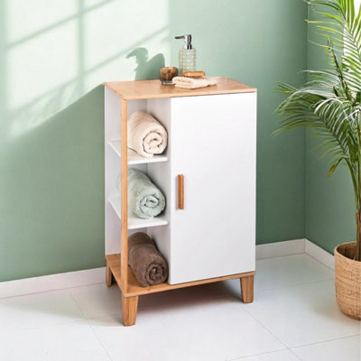 Showerdrape: Showerdrape Varallo Matt White & Bamboo Floor Bathroom Cabinet with Display Shelves