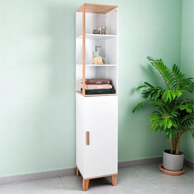 Showerdrape: Showerdrape Catania Matt White & Bamboo Tall Bathroom Cabinet with Display Shelves