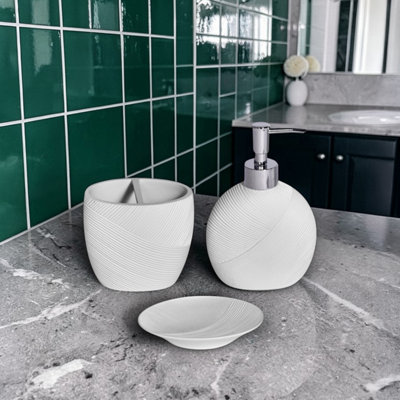 B&Q -  Ripple White Textured Bathroom Accessory SetSoap Dish & Toothbrush Holder & Liquid Soap Dispenser