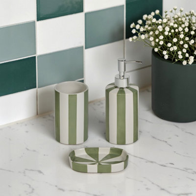Showerdrape Pier Green & White Striped Bathroom Accessory SetSoap Dish & Tumbler & Liquid Soap Dispenser from B&Q