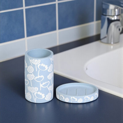 Showerdrape Buttercup Light Blue Floral Bathroom Accessory SetSoap Dish & Tumbler from B&Q