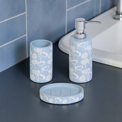Showerdrape Buttercup Light Blue Floral Bathroom Accessory SetSoap Dish & Tumbler & Liquid Soap Dispenser from B&Q
