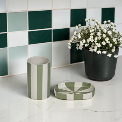 Showerdrape Pier Green & White Striped Bathroom Accessory SetSoap Dish & Tumbler from B&Q