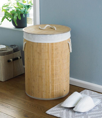 Beamfeature Country Club Round Bamboo Laundry Hamper Basket Clothes Storage Organizer With Lid (Natural) from B&Q