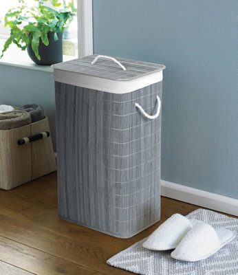 B&Q -  Country Club Rectangular Bamboo Laundry Hamper Basket Clothes Storage Organizer With Lid (Grey)