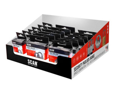 Scan Padlock Cdu Display 18-Pack6X 38mm Brass Combination6X 40mm Steel Laminated Twin Packs6X 70mm Disc Hardened Shackle from B&Q