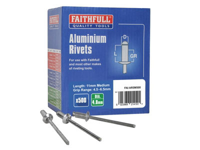 Faithfull Aluminium Rivets 4.8 X 11mm Medium Bulk Pack Of 500 Faiar5M500 from B&Q