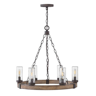 B&Q -  Elstead Sawyer 6 Light Multi Arm Pendant Ceiling Light Wood Effect Clear Seeded Glass Ip44