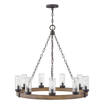 B&Q -  Elstead Sawyer 9 Light Multi Arm Pendant Ceiling Light Sequoia Wood Effect Clear Seeded Glass Ip44