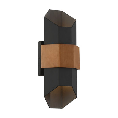 Luminosa Lighting Elstead Quoizel Chasm Outdoor Up Down Wall Lamp Matte Black (With Painted Wood Effect Strap)3000KIp44 from B&Q