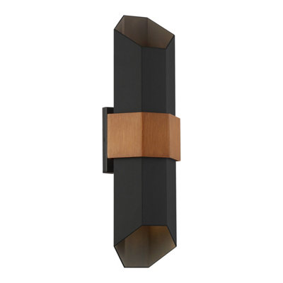Luminosa Lighting Elstead Quoizel Chasm Outdoor Up Down Wall Lamp Matte Black (With Painted Wood Effect Strap)3000KIp44 from B&Q