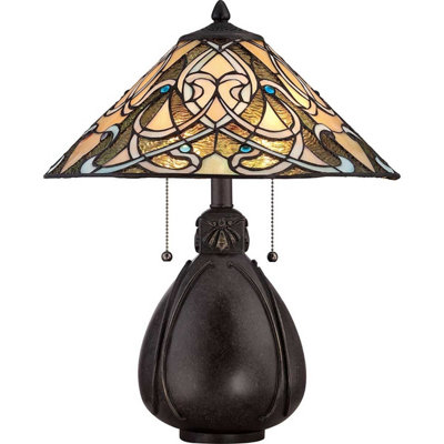Luminosa Ing Elstead India 2 Table Lamp Imperial Tiffany Glass, E27 Light/Bronze