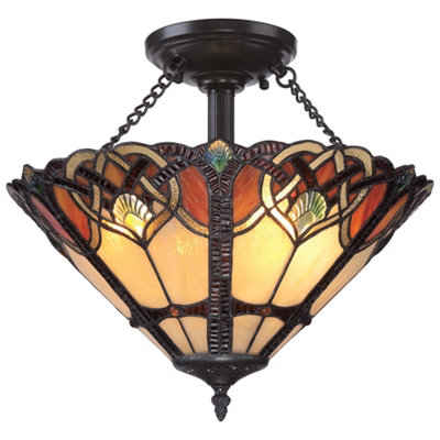 Elstead Cambridge 2 Light Semi Flush Ceiling Light Vintage BronzeTiffany GlassE27 from B&Q